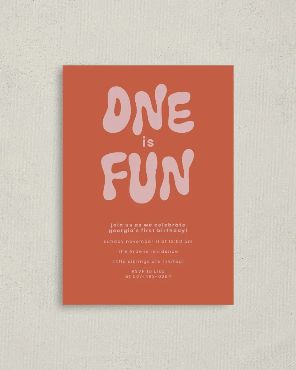 This is a 4" x 5.6" Birthday Party Invitation called One is Fun printed in full color on Soft Touch Finish paper