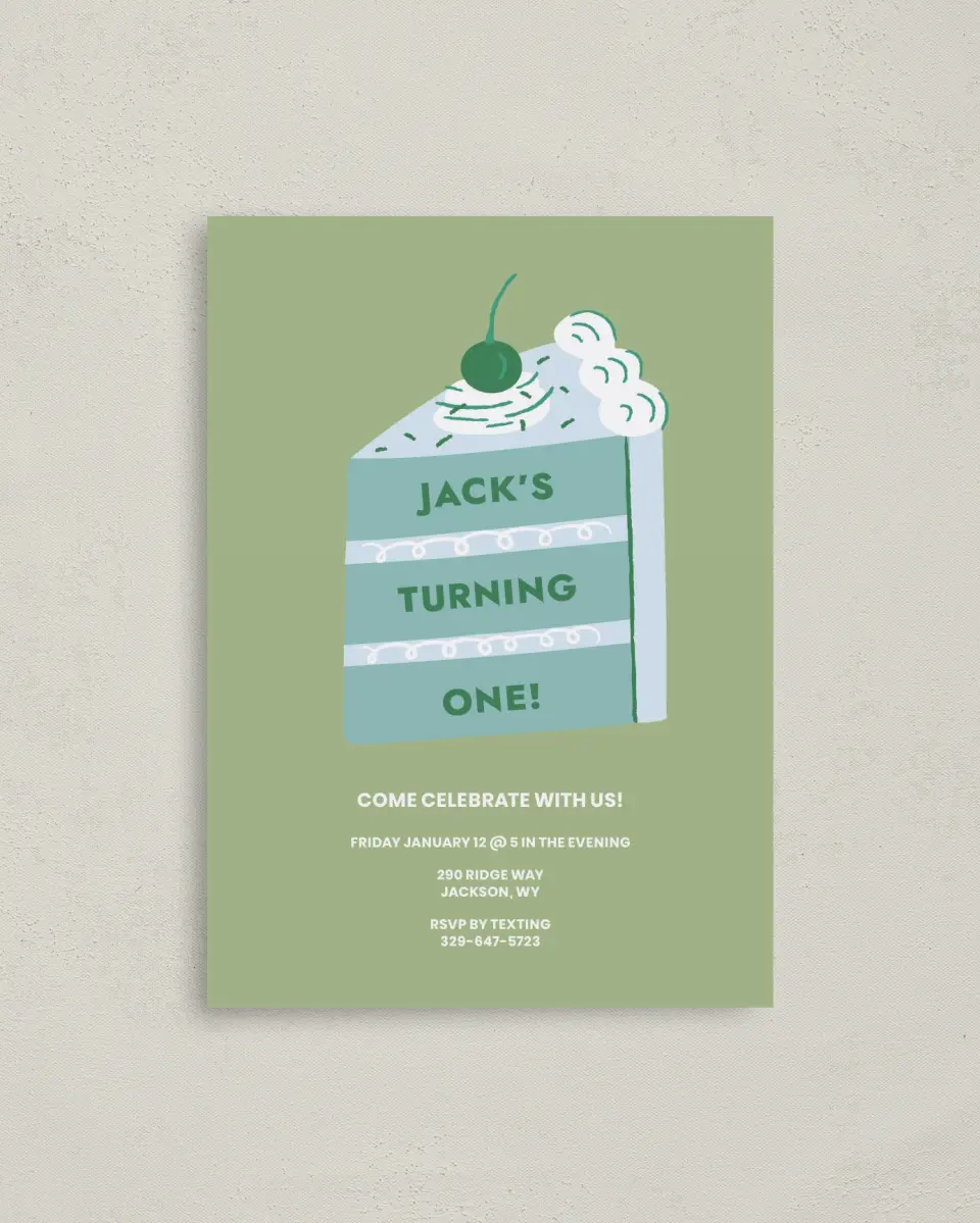 This is a 4" x 5.6" Birthday Party Invitation called Slice of Fun printed in full color on Soft Touch Finish paper