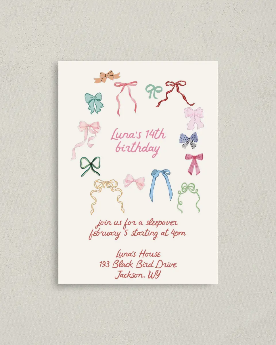 This is a 4" x 5.6" Birthday Party Invitation called Bow Birthday printed in full color on Soft Touch Finish paper