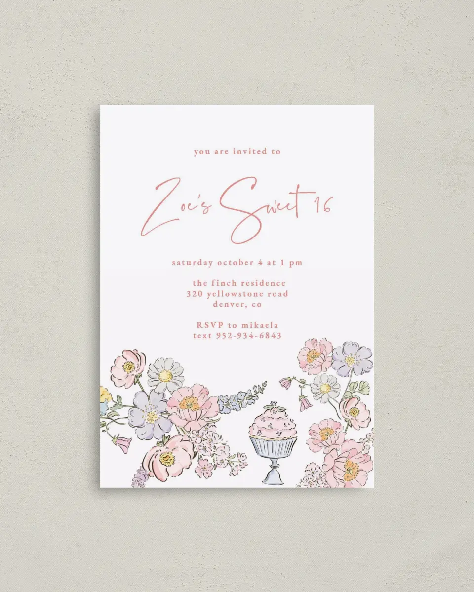 This is a 4" x 5.6" Birthday Party Invitation called Sweet Flowers printed in full color on Soft Touch Finish paper