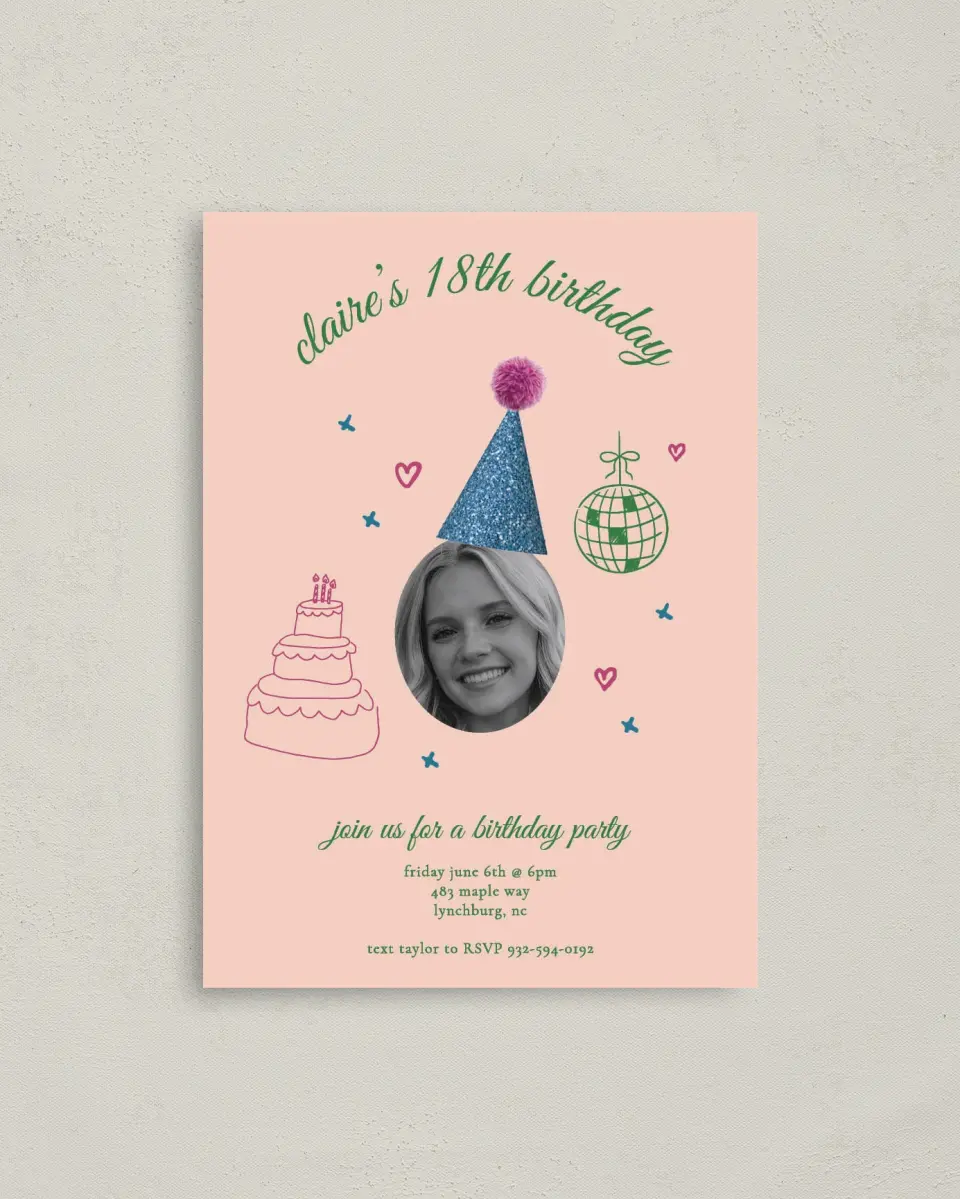 This is a 4" x 5.6" Birthday Party Invitation called Party Hat printed in full color on Soft Touch Finish paper
