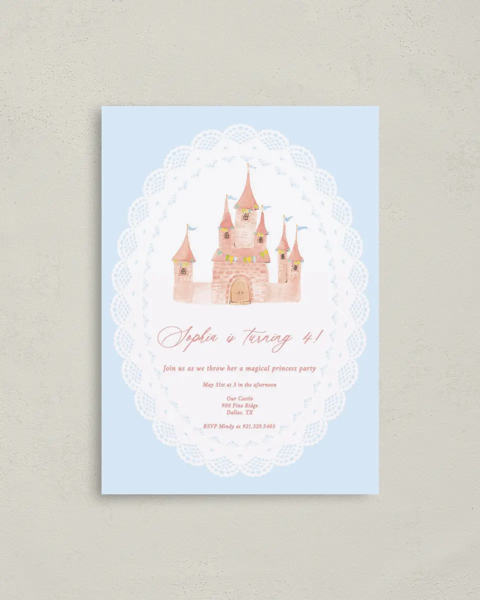 This is a 4" x 5.6" Birthday Party Invitation called Princess Castle printed in full color on Soft Touch Finish paper