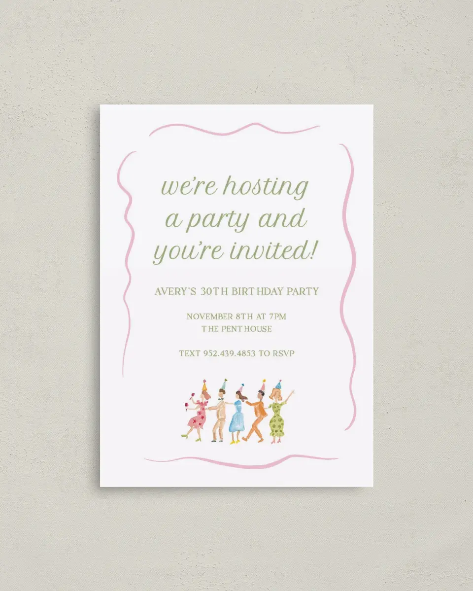 This is a 4" x 5.6" Birthday Party Invitation called Dance Party printed in full color on Soft Touch Finish paper