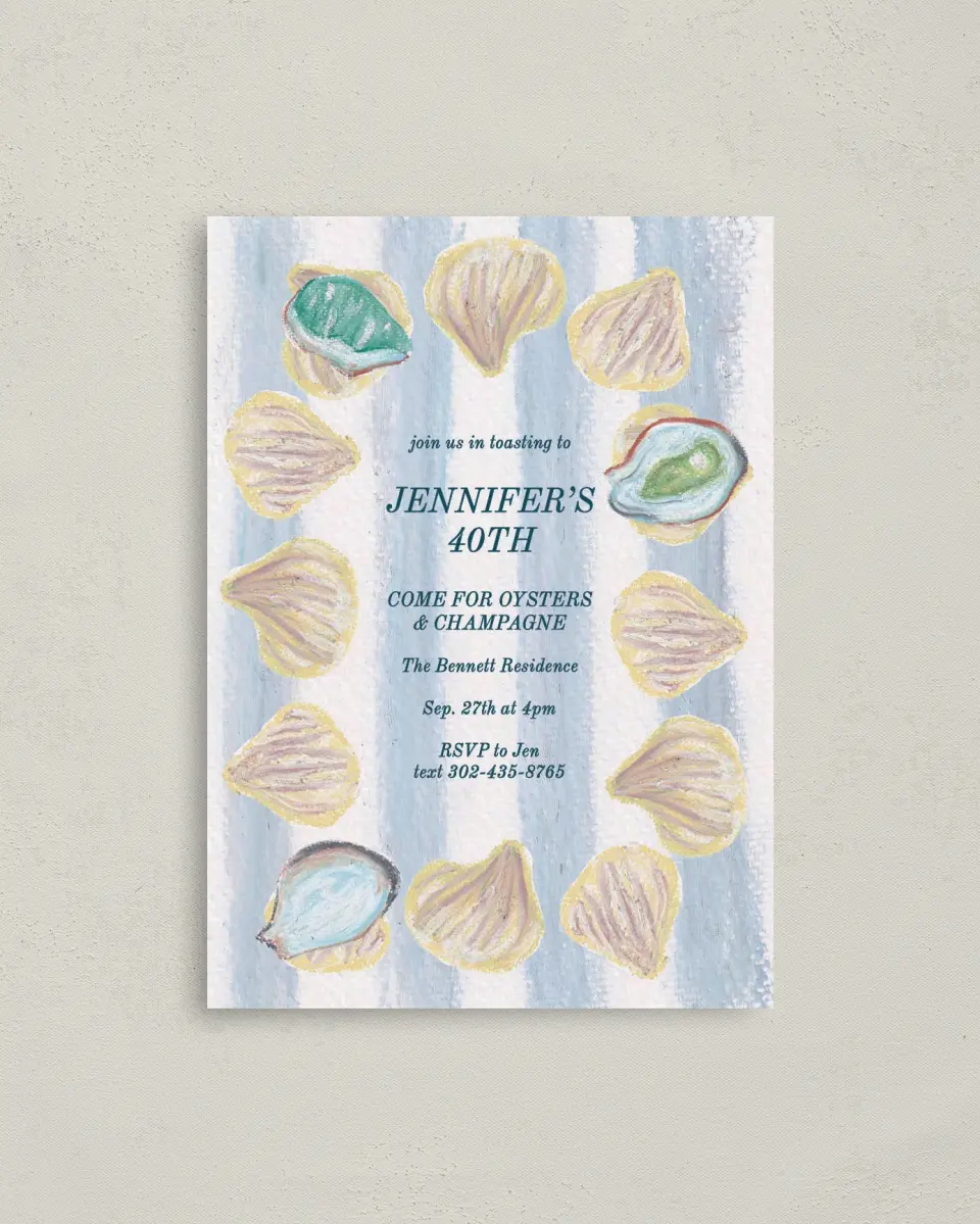 This is a 4" x 5.6" Birthday Party Invitation called Shucking Party printed in full color on Soft Touch Finish paper