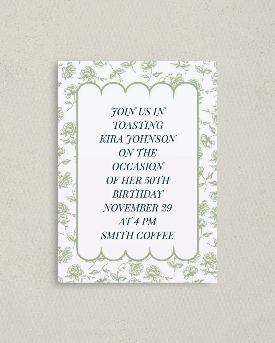 This is a 4" x 5.6" Birthday Party Invitation called Floral Scallops printed in full color on Soft Touch Finish paper