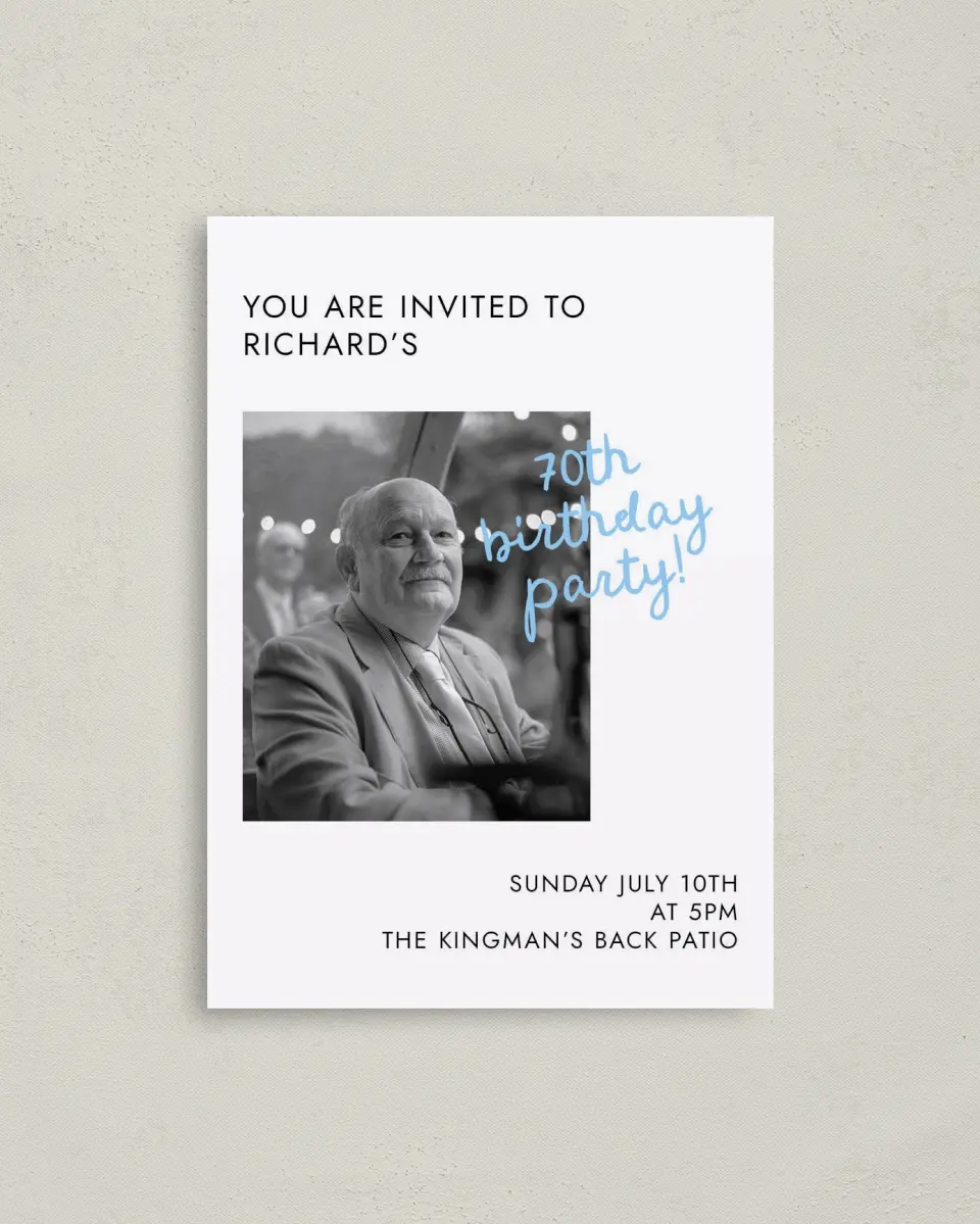 This is a 4" x 5.6" Birthday Party Invitation called Older and Wiser printed in full color on Soft Touch Finish paper
