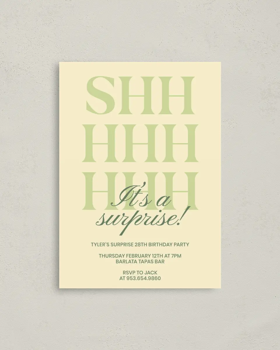 This is a 4" x 5.6" Birthday Party Invitation called Surprise Party! printed in full color on Soft Touch Finish paper
