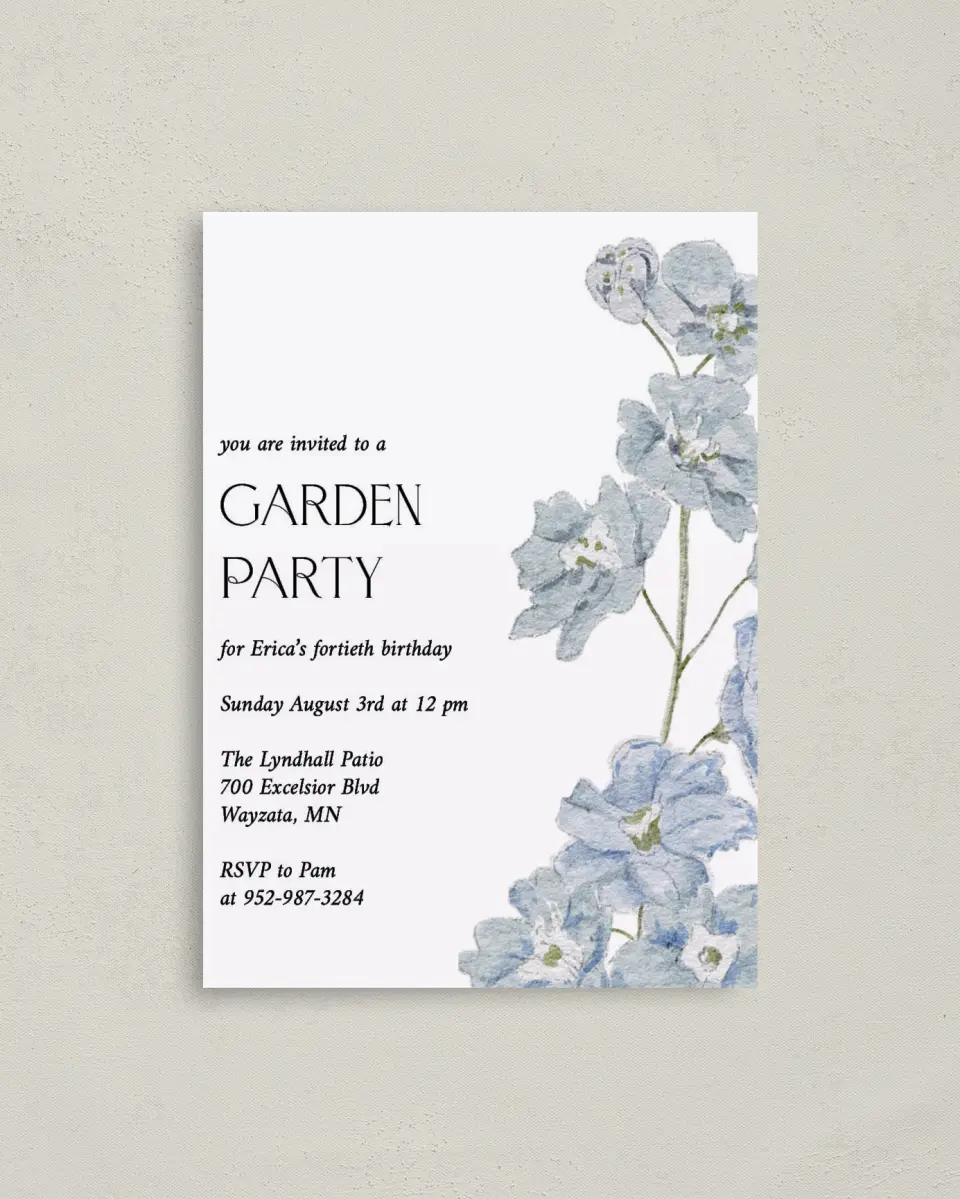 This is a 4" x 5.6" Birthday Party Invitation called Garden Birthday printed in full color on Soft Touch Finish paper