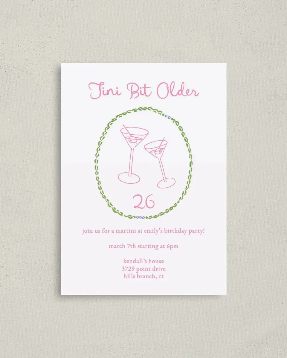 This is a 4" x 5.6" Birthday Party Invitation called Tini Bit Older printed in full color on Soft Touch Finish paper