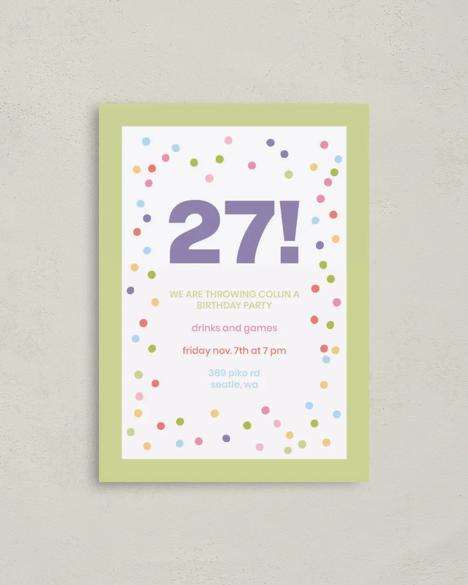 This is a 4" x 5.6" Birthday Party Invitation called Confetti Fun printed in full color on Soft Touch Finish paper