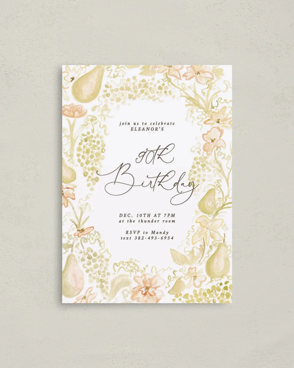 This is a 4" x 5.6" Birthday Party Invitation called Timeless Moments printed in full color on Soft Touch Finish paper
