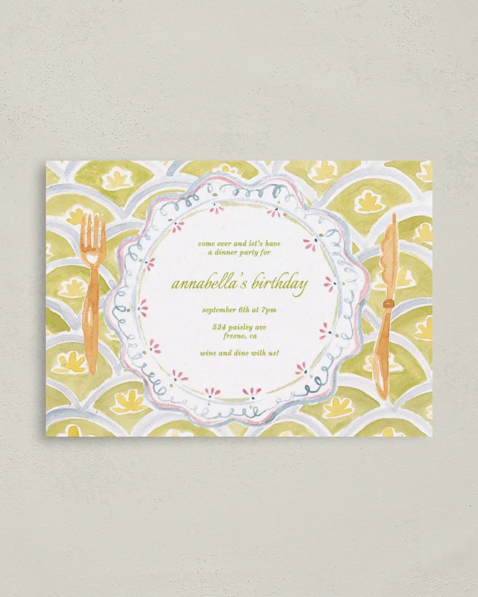 This is a 4" x 5.6" Birthday Party Invitation called Wine and Dine printed in full color on Soft Touch Finish paper
