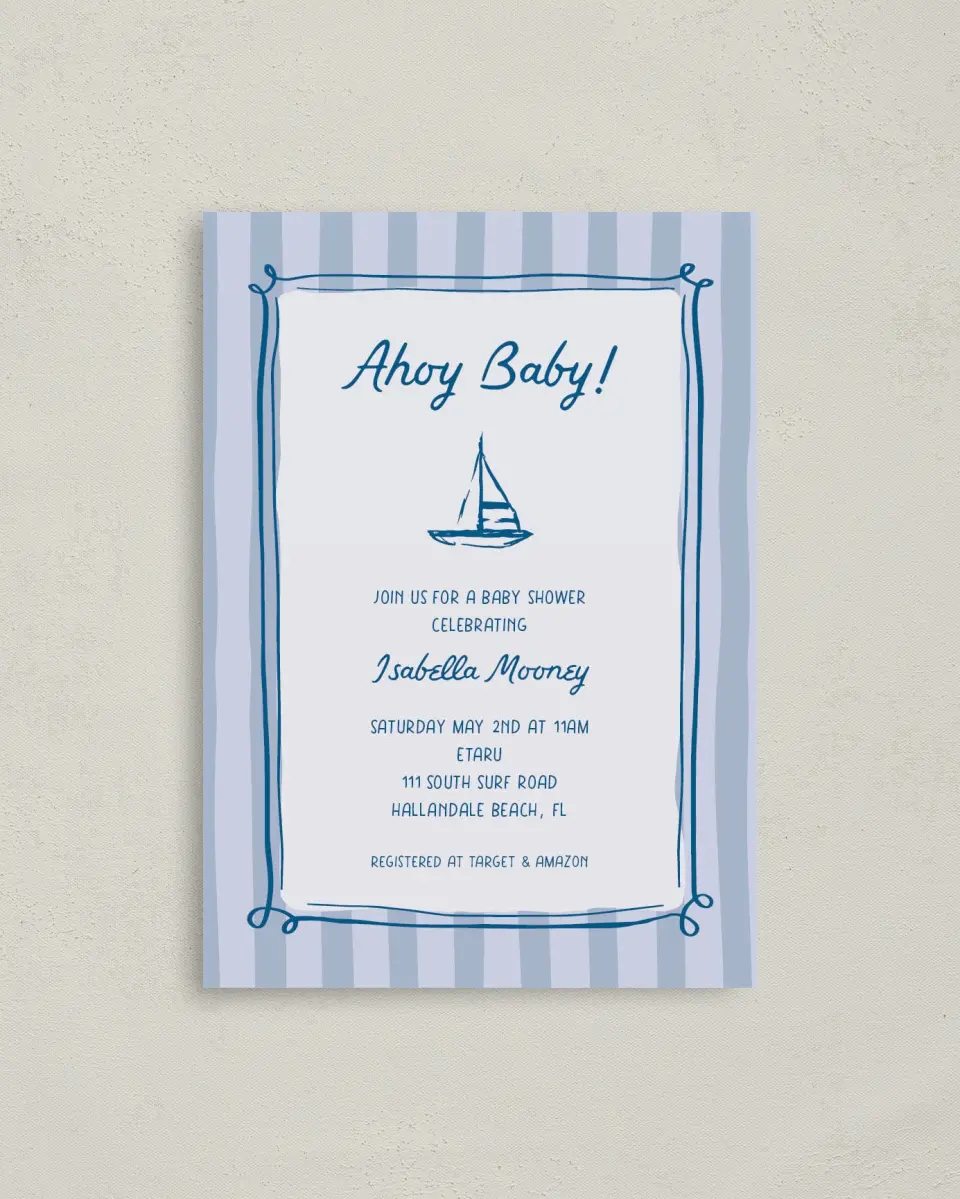 This is a 4" x 5.6" Baby Shower Invitation Postcard called Ahoy Baby printed in full color on Soft Touch Finish paper