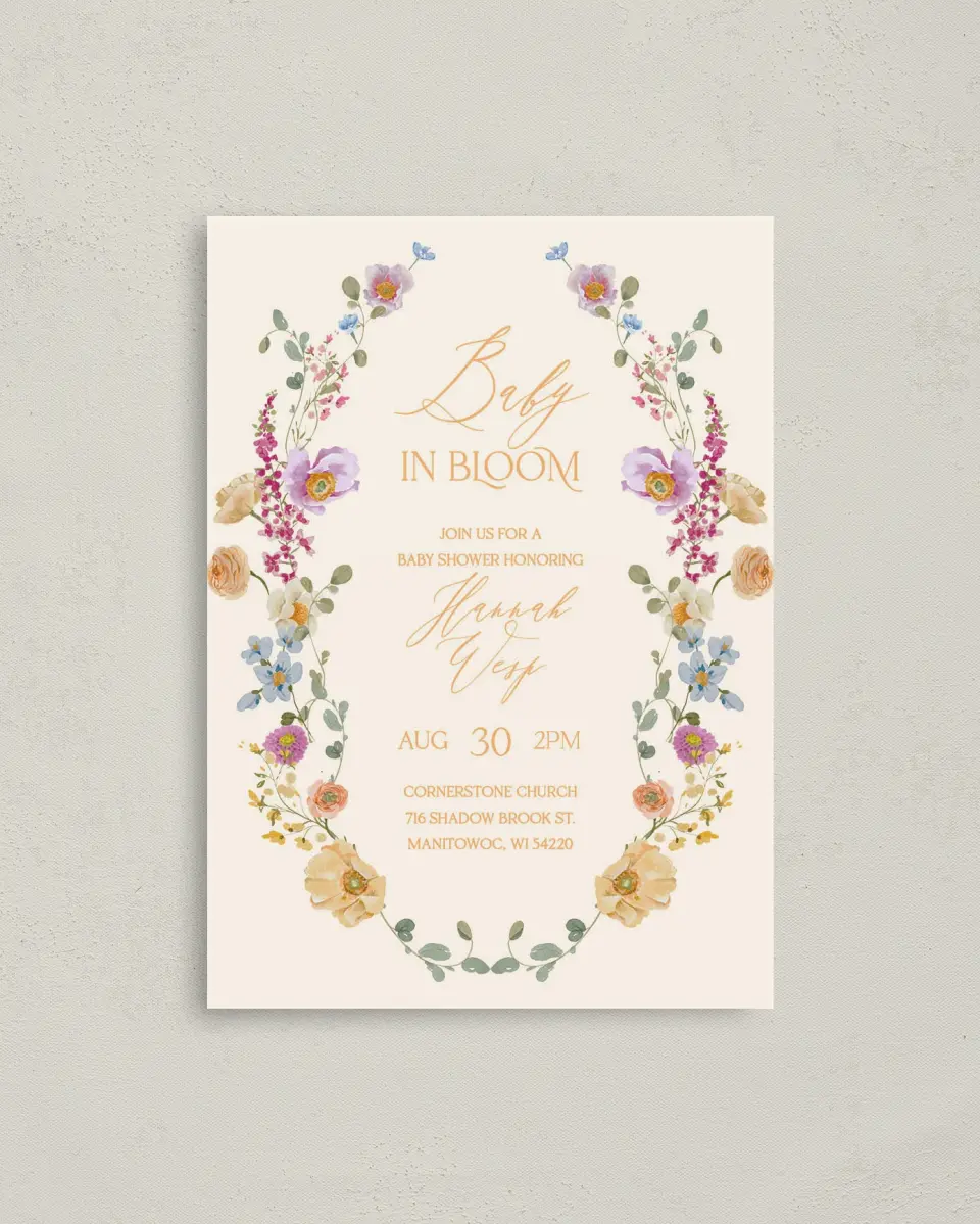 This is a 4" x 5.6" Baby Shower Invitation Postcard called Colorful Blooms printed in full color on Soft Touch Finish paper