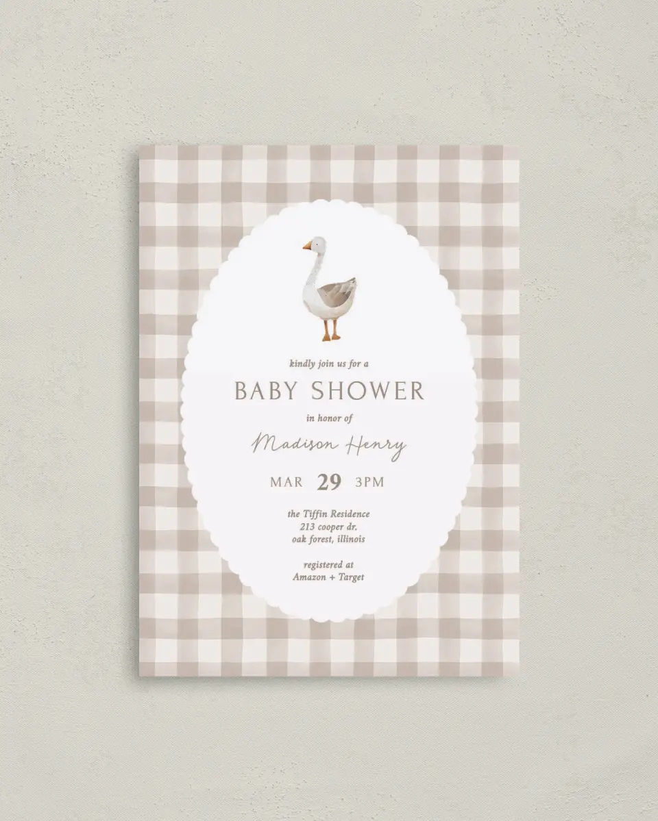 This is a 4" x 5.6" Baby Shower Invitation Postcard called Mother Goose printed in full color on Soft Touch Finish paper