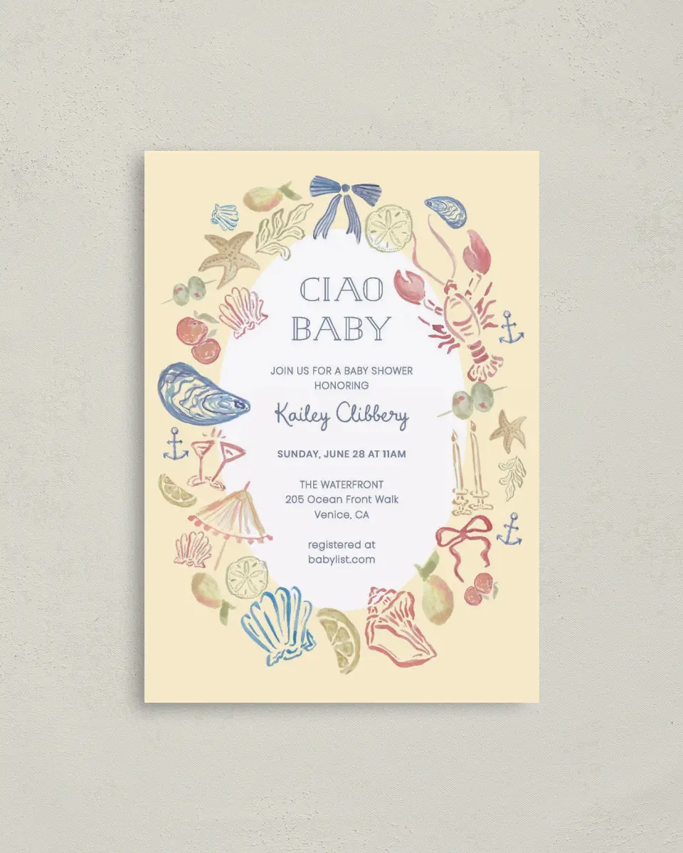 This is a 4" x 5.6" Baby Shower Invitation Postcard called Ciao Baby printed in full color on Soft Touch Finish paper