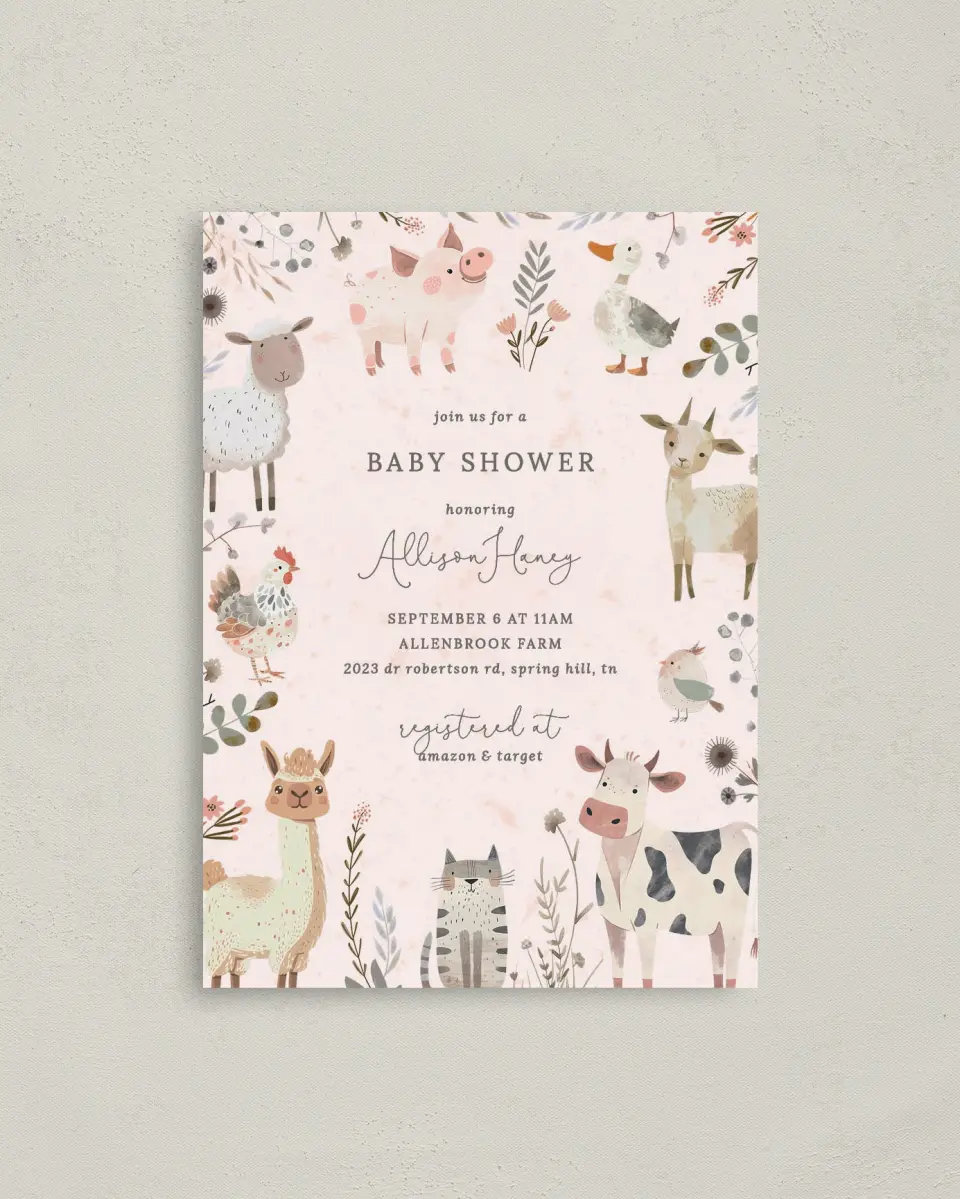 This is a 4" x 5.6" Baby Shower Invitation Postcard called Barnyard Baby printed in full color on Soft Touch Finish paper