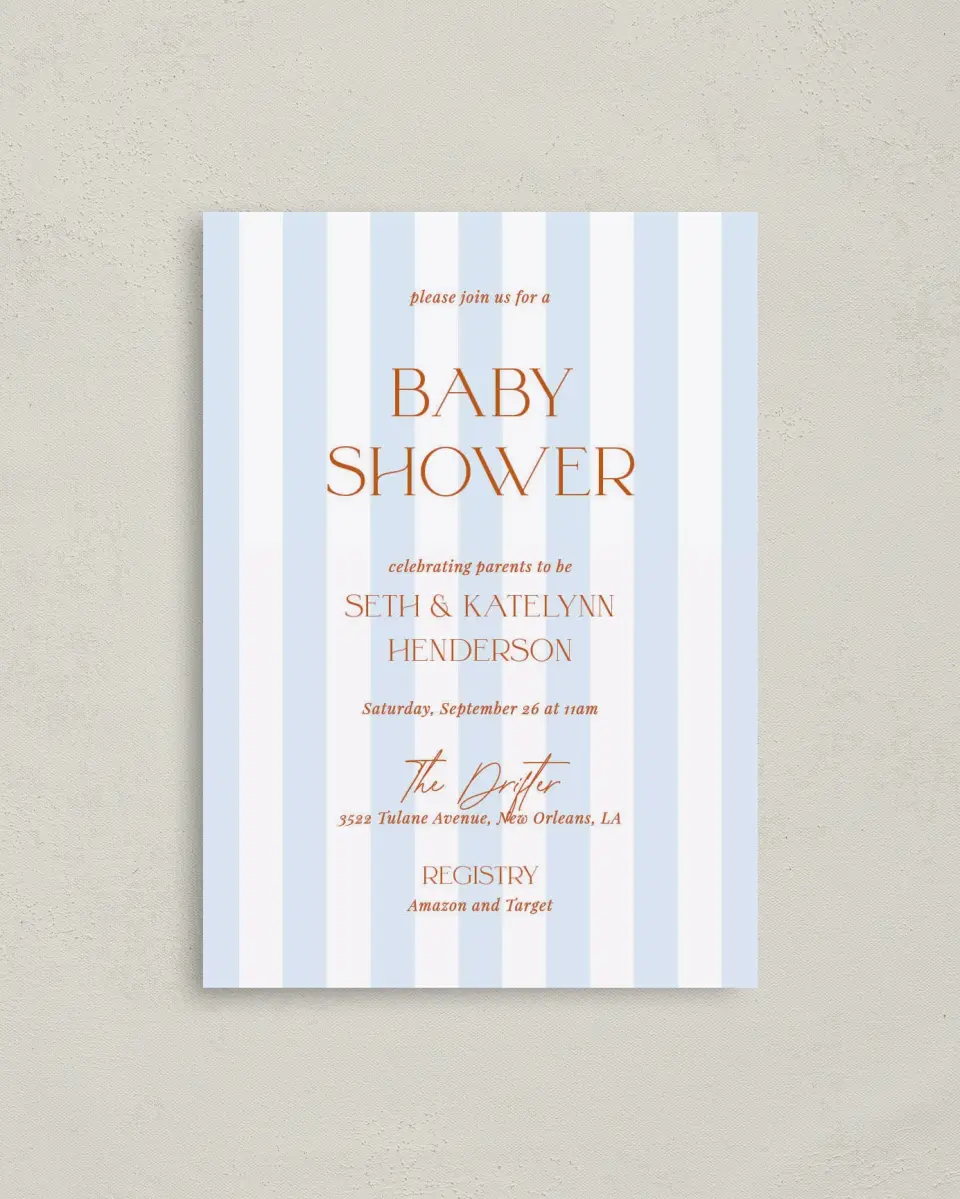 This is a 4" x 5.6" Baby Shower Invitation Postcard called Sweet Stripes printed in full color on Soft Touch Finish paper