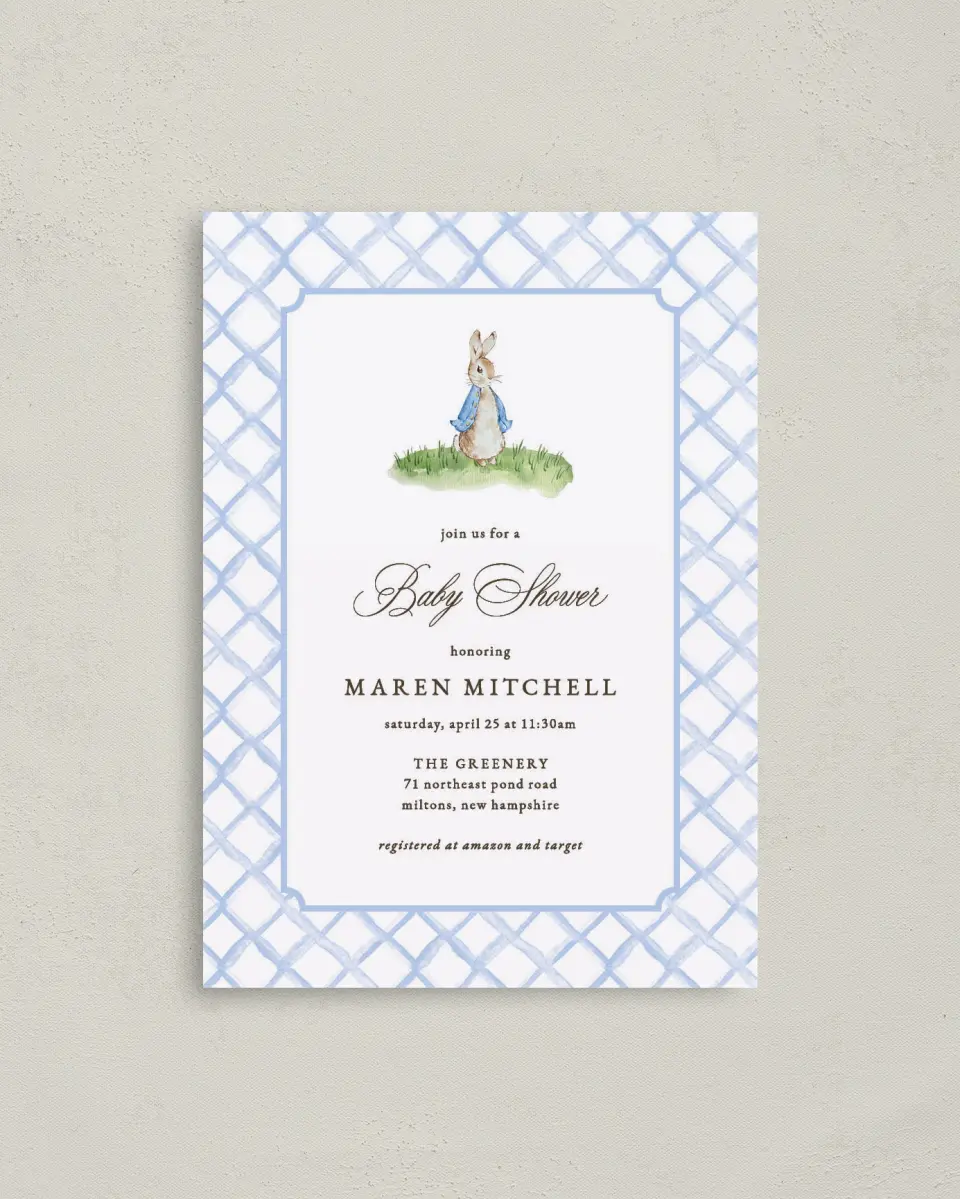 This is a 4" x 5.6" Baby Shower Invitation Postcard called Cotton Tale printed in full color on Soft Touch Finish paper