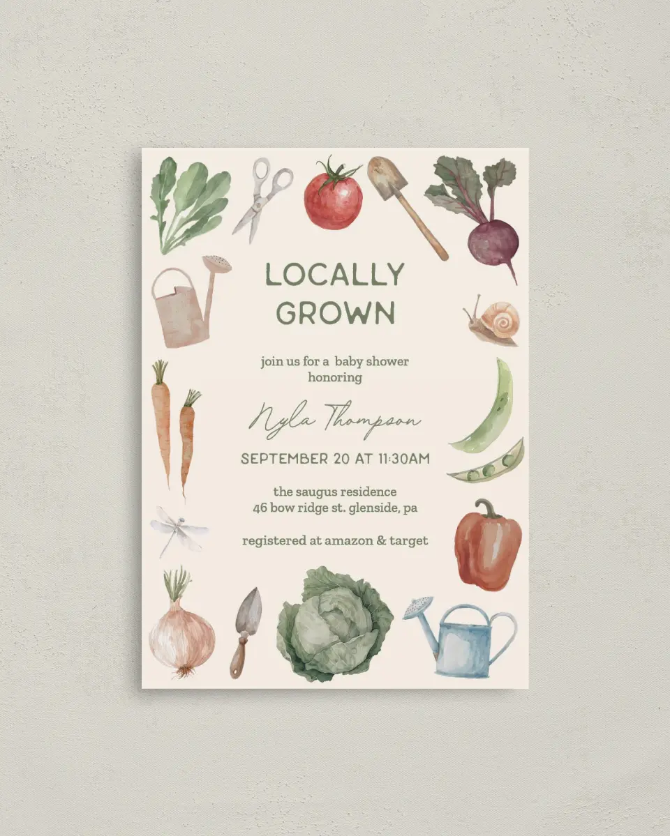 This is a 4" x 5.6" Baby Shower Invitation Postcard called Locally Grown printed in full color on Soft Touch Finish paper