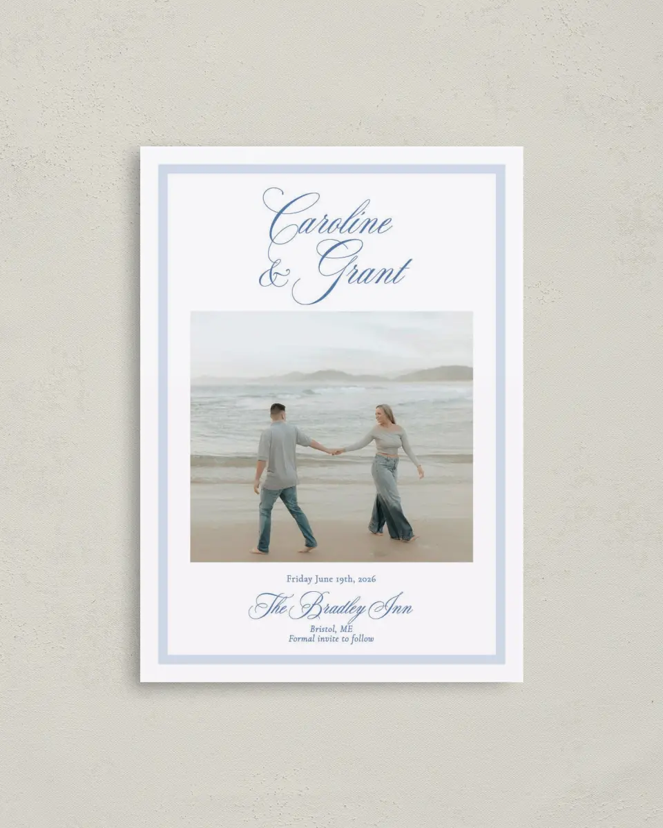 This is a 4" x 5.6" Save the Date Postcard called Bradley printed in full color on Soft Touch Finish paper