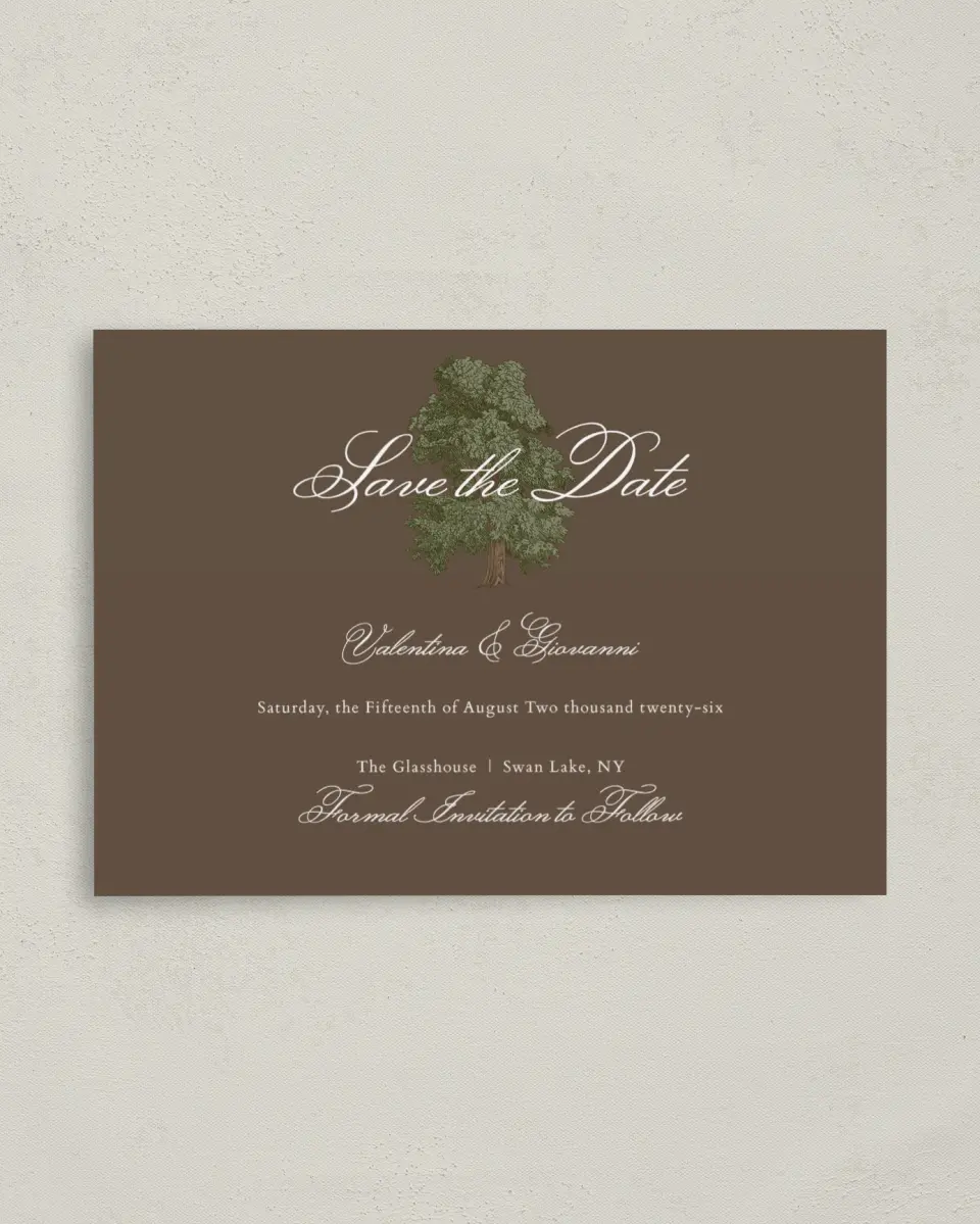 This is a 4" x 5.6" Save the Date Postcard called Holloway printed in full color on Soft Touch Finish paper