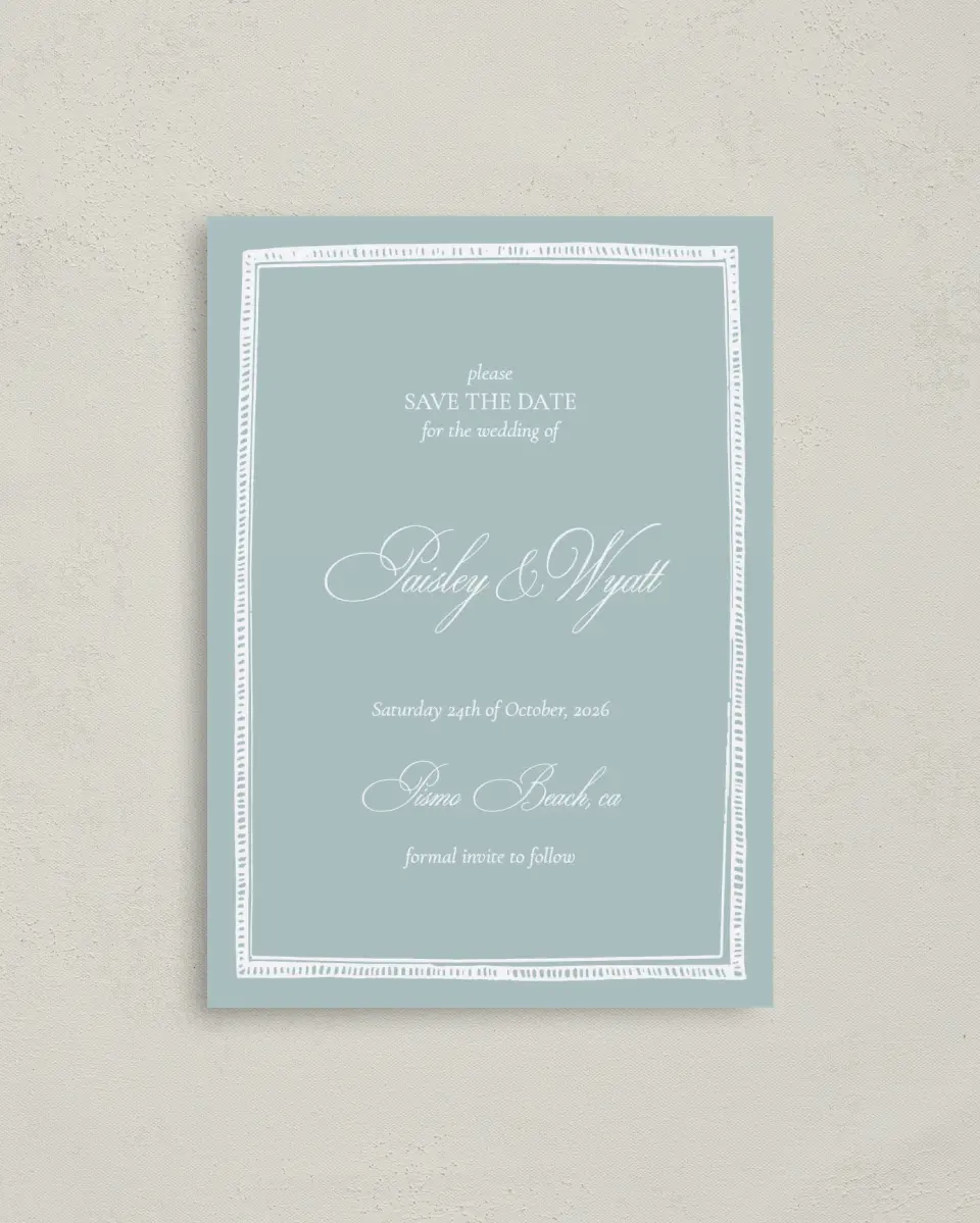 This is a 4" x 5.6" Save the Date Postcard called Kensington printed in full color on Soft Touch Finish paper