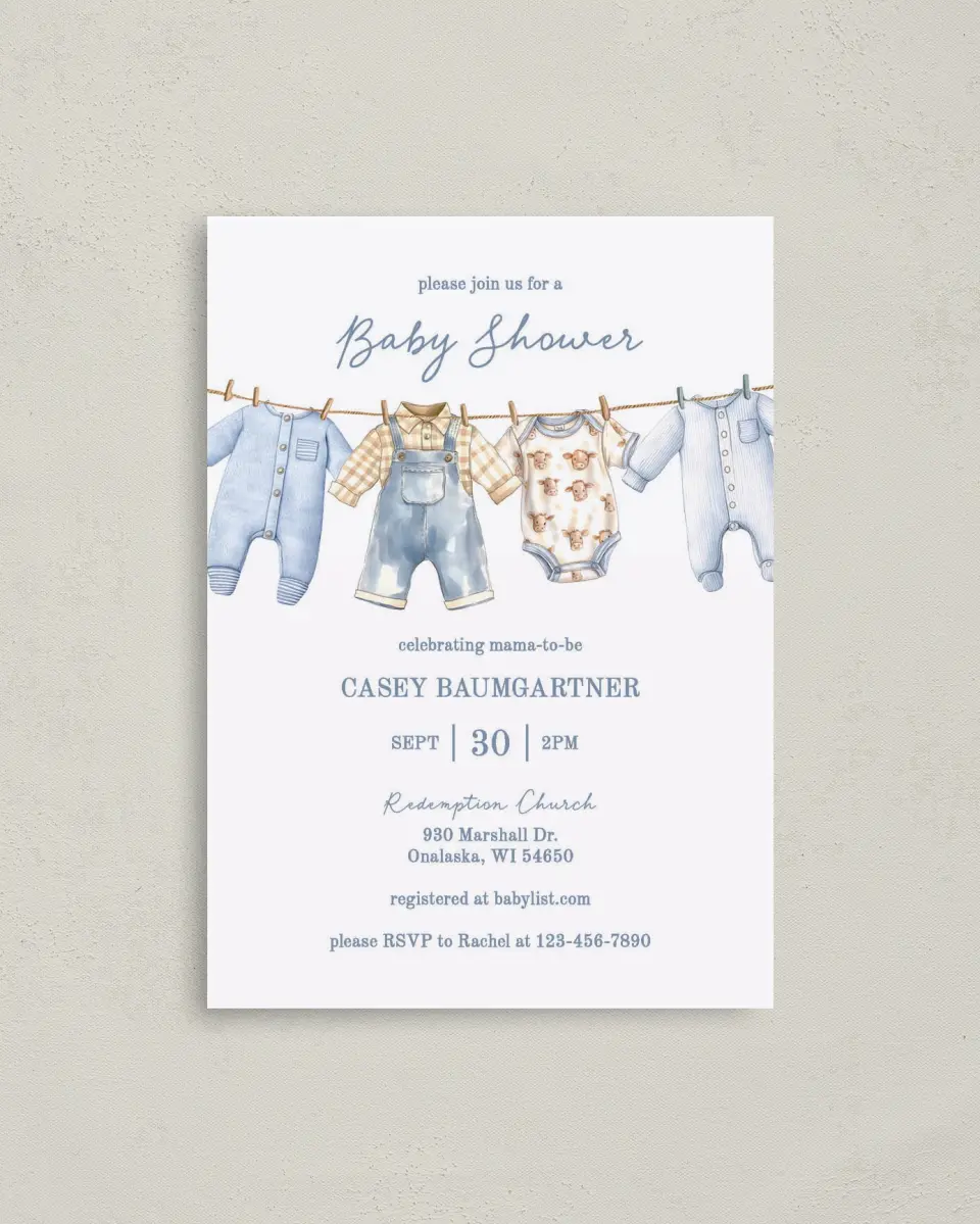 This is a 4" x 5.6" Baby Shower Invitation Postcard called Country Clothesline printed in full color on Soft Touch Finish paper