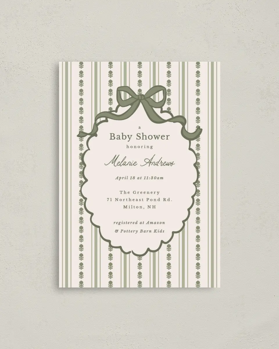 This is a 4" x 5.6" Baby Shower Invitation Postcard called Coquette Darling printed in full color on Soft Touch Finish paper