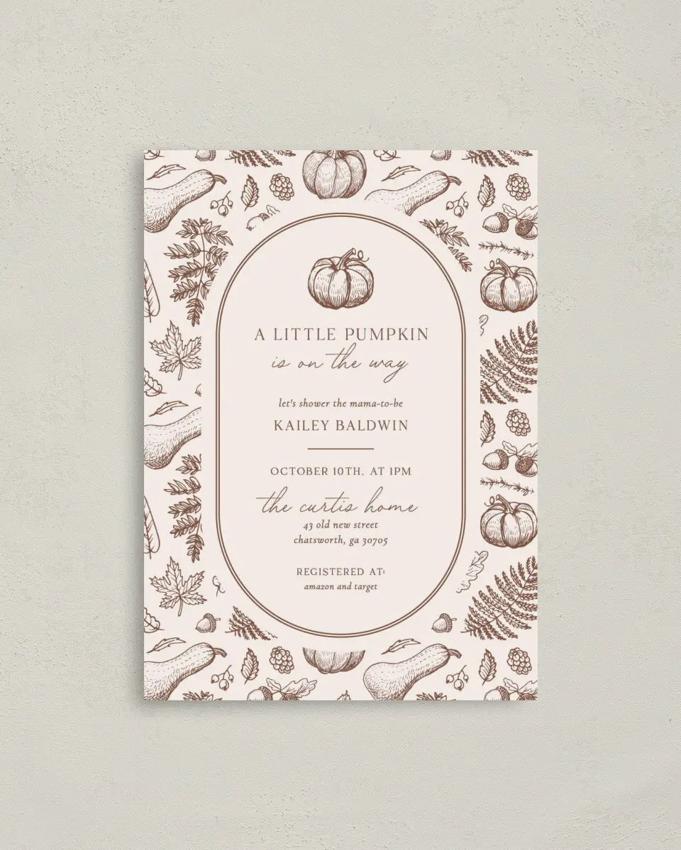 This is a 4" x 5.6" Baby Shower Invitation Postcard called Precious Pumpkin printed in full color on Soft Touch Finish paper