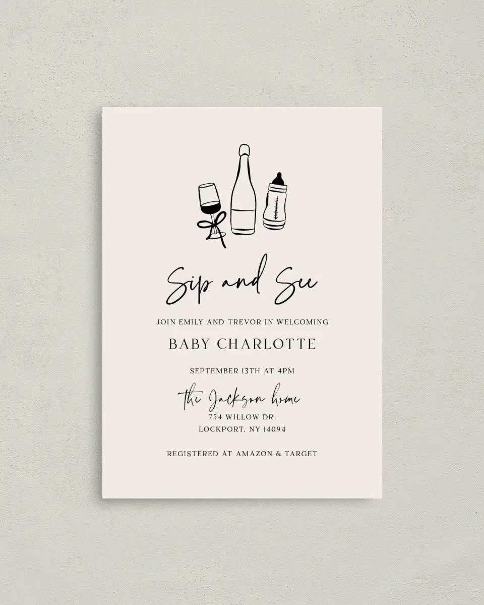 This is a 4" x 5.6" Baby Shower Invitation Postcard called Sip & See printed in full color on Soft Touch Finish paper