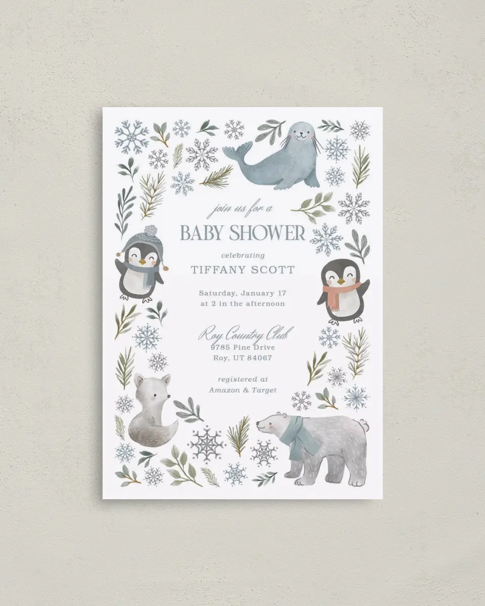 This is a 4" x 5.6" Baby Shower Invitation Postcard called Arctic Animals printed in full color on Soft Touch Finish paper