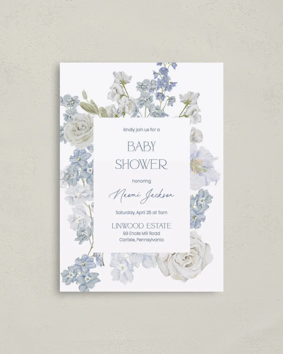 This is a 4" x 5.6" Baby Shower Invitation Postcard called Darling Delphinium printed in full color on Soft Touch Finish paper