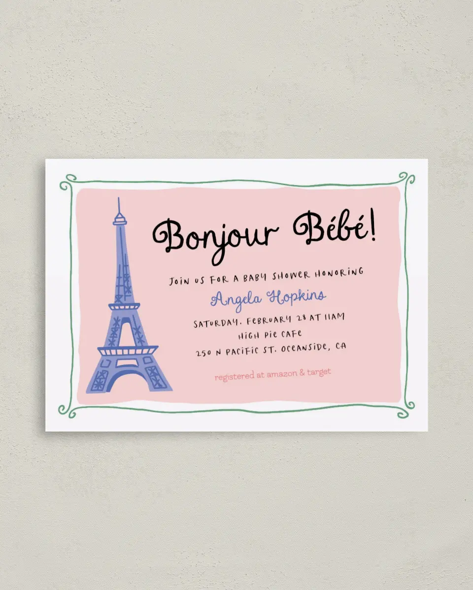 This is a 4" x 5.6" Baby Shower Invitation Postcard called Bonjour Bebe printed in full color on Soft Touch Finish paper