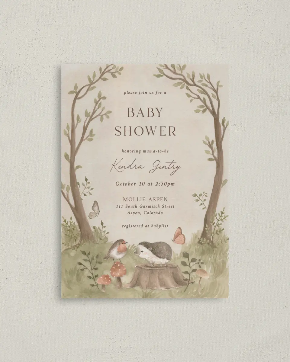 This is a 4" x 5.6" Baby Shower Invitation Postcard called Enchanting Forest printed in full color on Soft Touch Finish paper