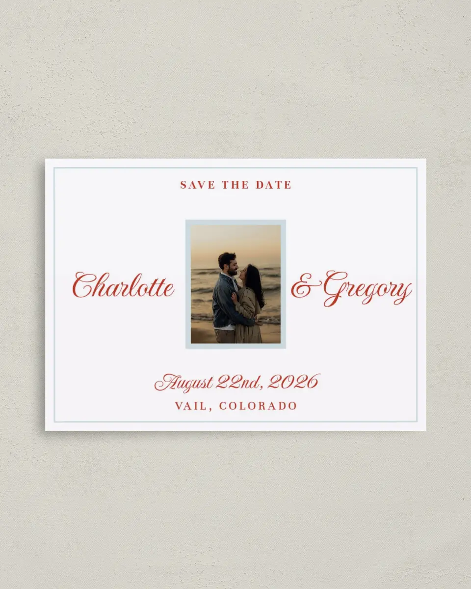 This is a 4" x 5.6" Save the Date Postcard called Mod Elegance printed in full color on Soft Touch Finish paper