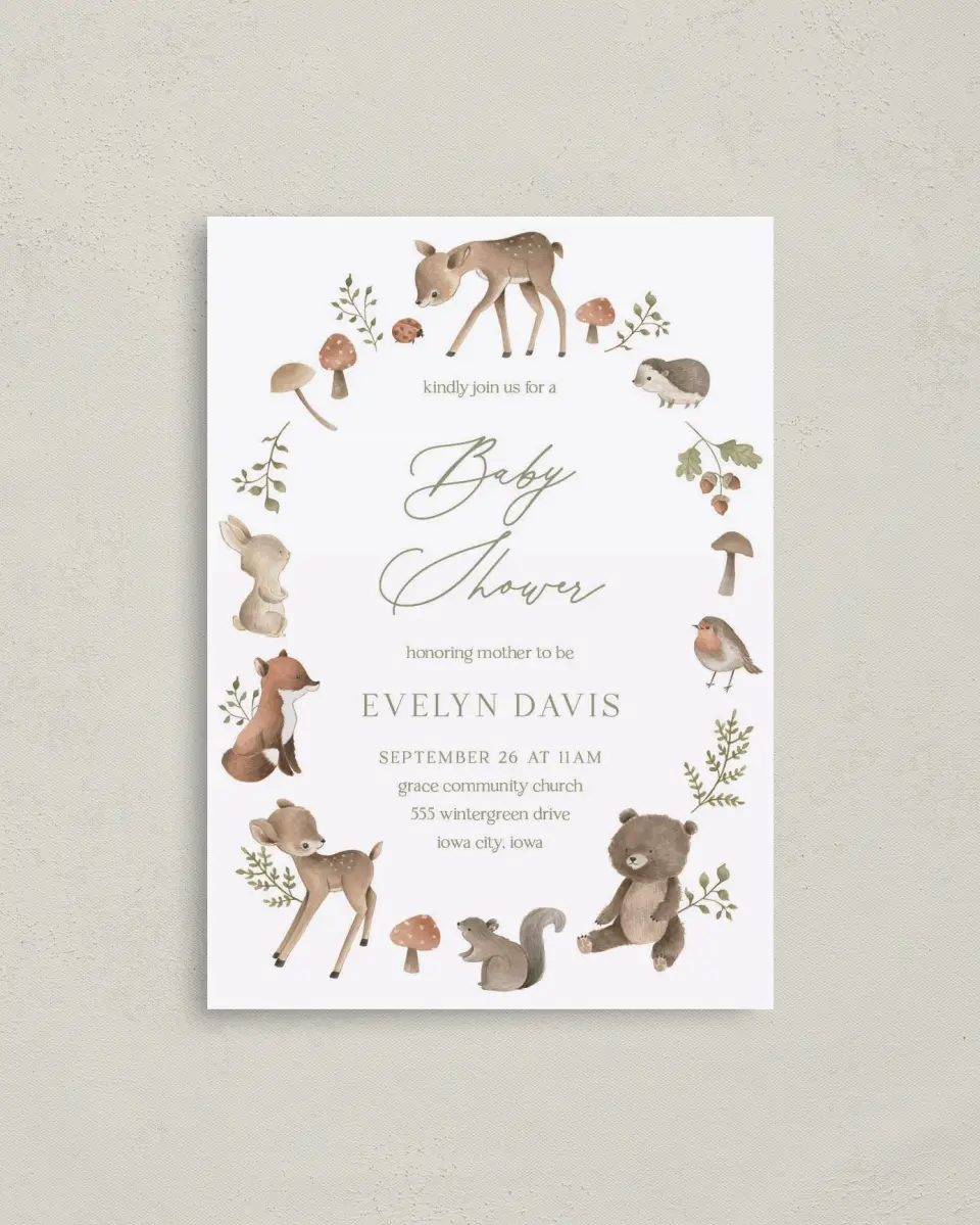This is a 4" x 5.6" Baby Shower Invitation Postcard called Woodland Wonder printed in full color on Soft Touch Finish paper