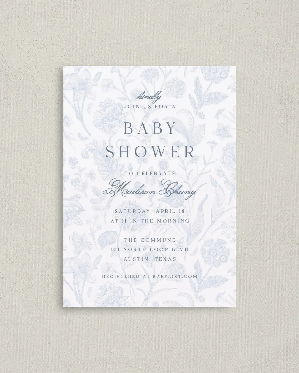 This is a 4" x 5.6" Baby Shower Invitation Postcard called Blissful Blooms printed in full color on Soft Touch Finish paper