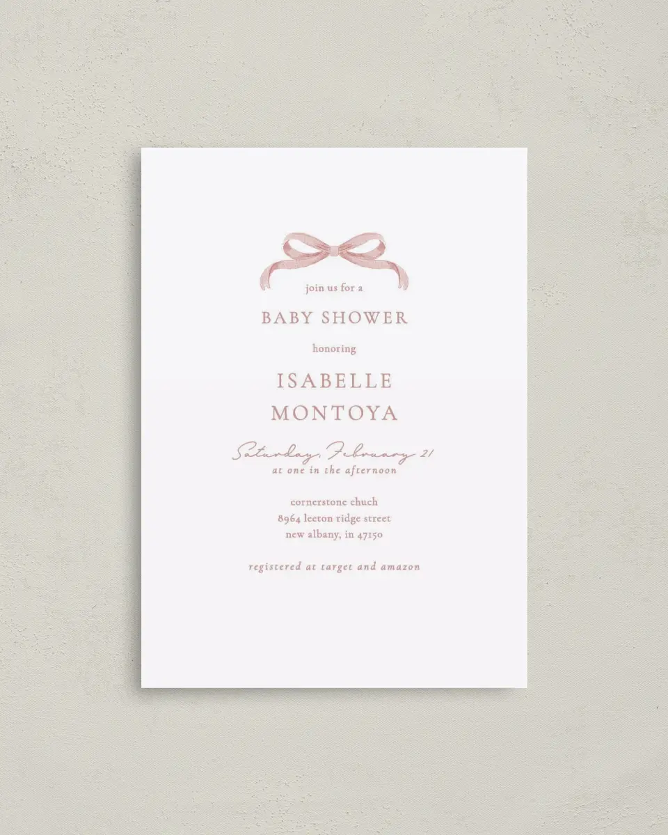 This is a 4" x 5.6" Baby Shower Invitation Postcard called Bitty Bow printed in full color on Soft Touch Finish paper