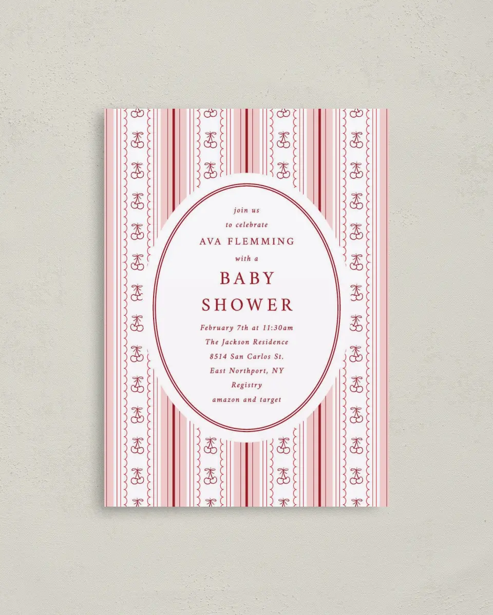 This is a 4" x 5.6" Baby Shower Invitation Postcard called Coquette Cherries printed in full color on Soft Touch Finish paper