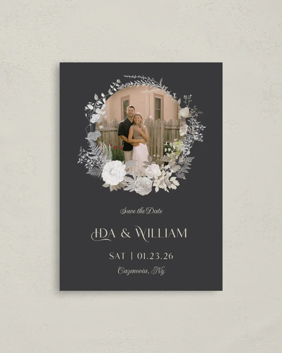 This is a 4" x 5.6" Save the Date Postcard called Winter Wildflowers printed in full color on Soft Touch Finish paper