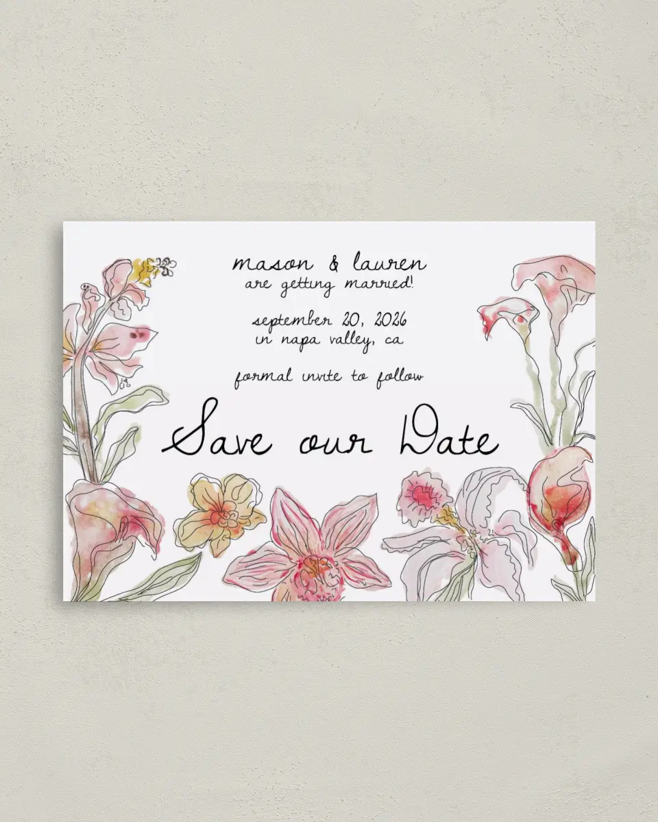 This is a 4" x 5.6" Save the Date Postcard called Forever Bud printed in full color on Soft Touch Finish paper