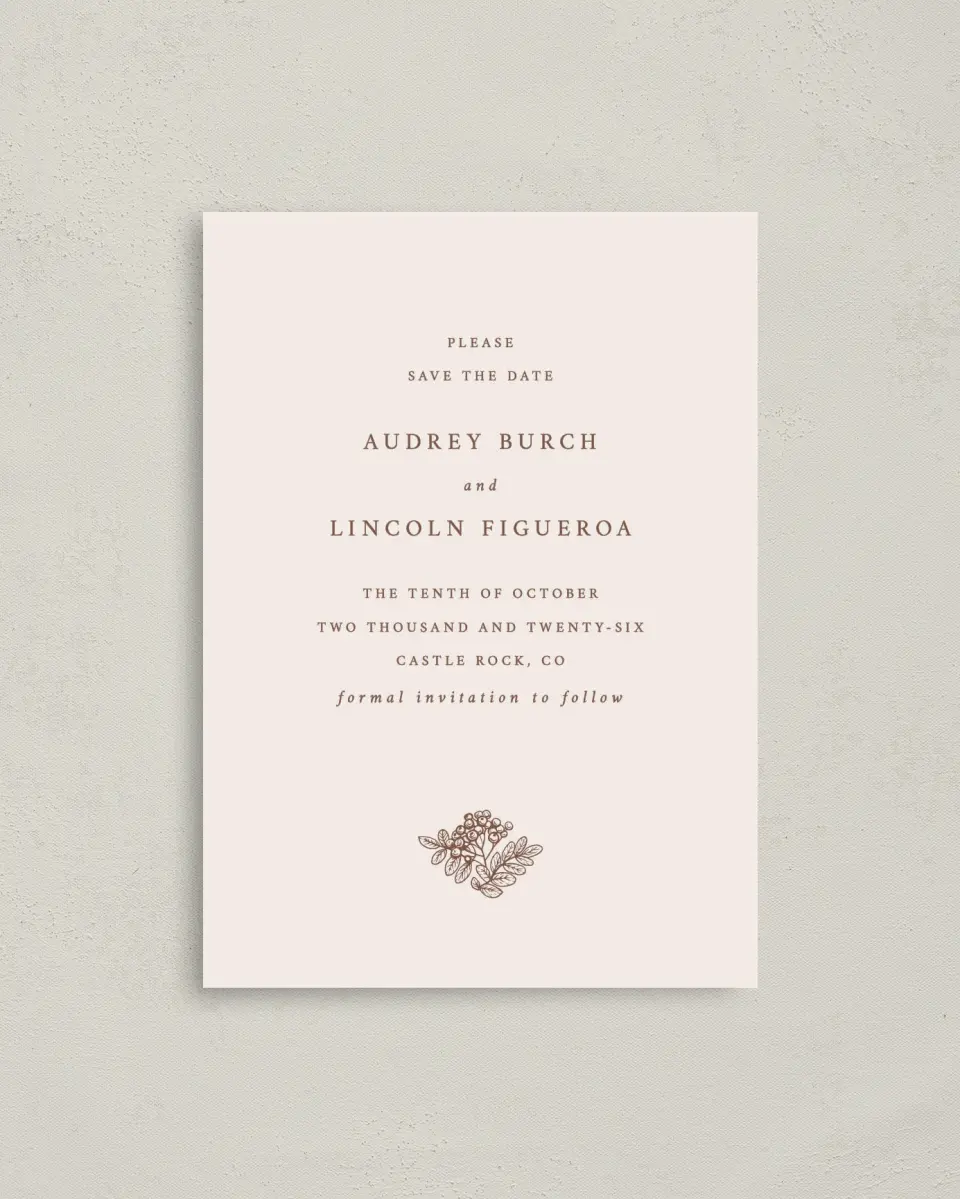 This is a 4" x 5.6" Save the Date Postcard called Autumn Vow printed in full color on Soft Touch Finish paper