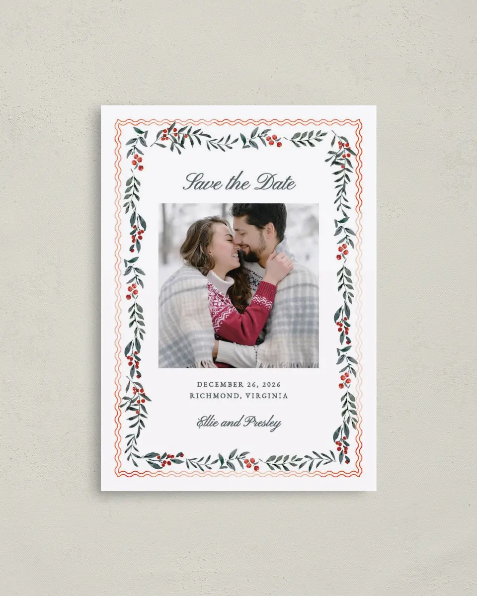 This is a 4" x 5.6" Save the Date Postcard called Heirloom Holly printed in full color on Soft Touch Finish paper