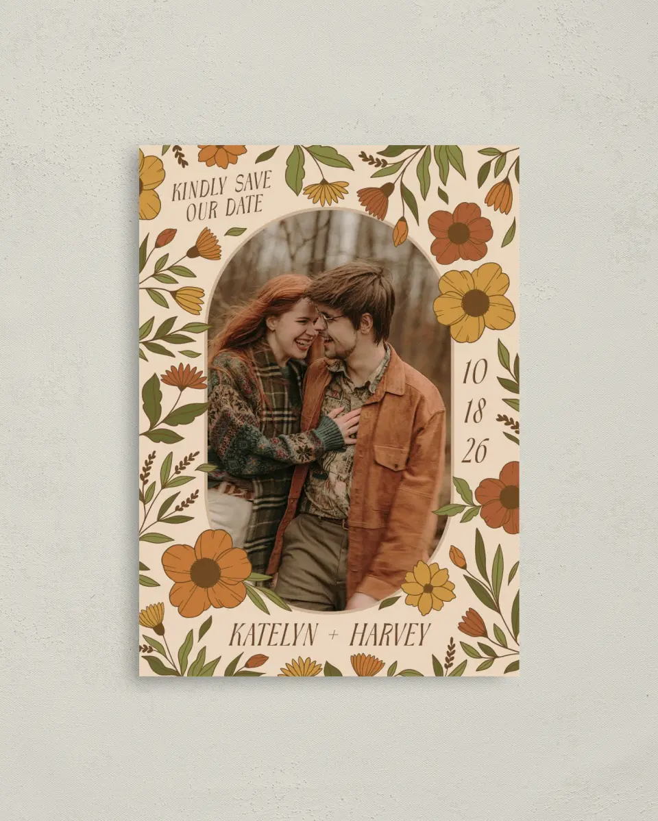 This is a 4" x 5.6" Save the Date Postcard called Wild + Bright printed in full color on Soft Touch Finish paper