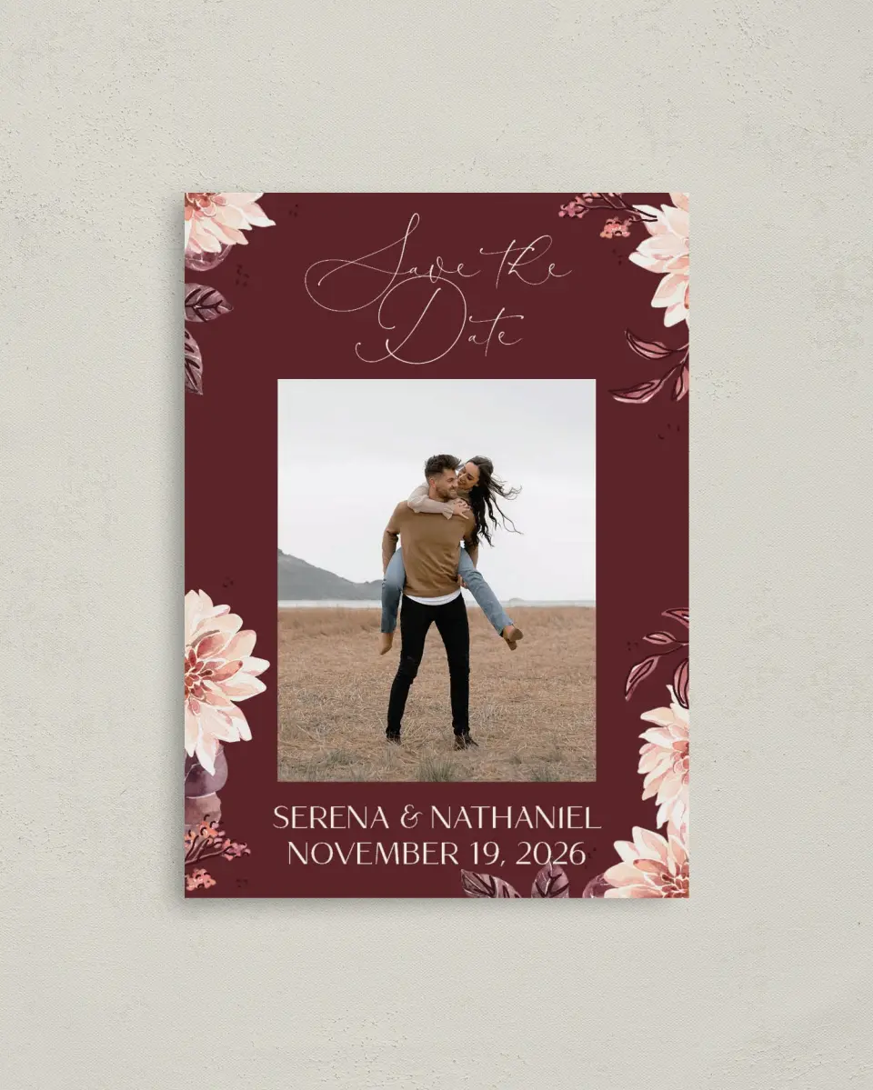 This is a 4" x 5.6" Save the Date Postcard called Fall Florals printed in full color with Gold foil on Soft Touch Finish paper