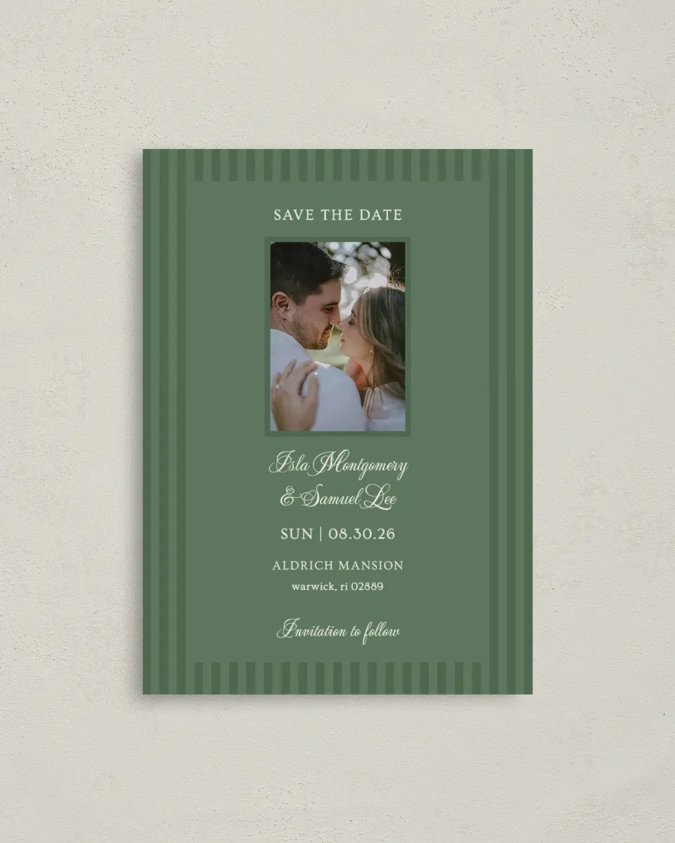 This is a 4" x 5.6" Save the Date Postcard called Warwick printed in full color on Soft Touch Finish paper