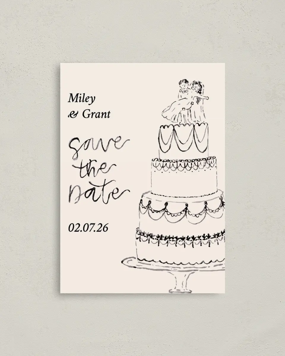 This is a 4" x 5.6" Save the Date Postcard called Mi Amor printed in full color on Soft Touch Finish paper