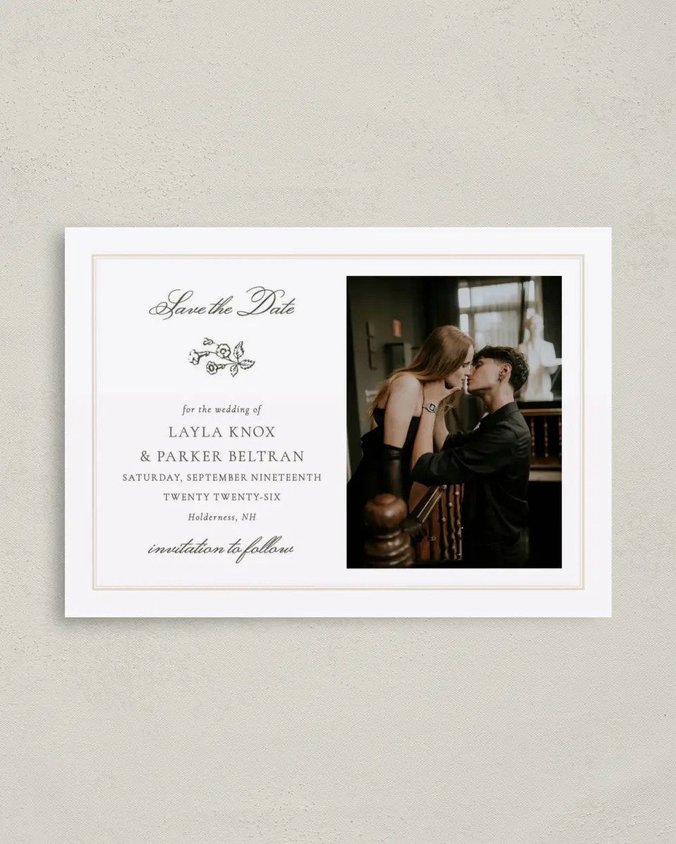 This is a 4" x 5.6" Save the Date Postcard called Holderness printed in full color on Soft Touch Finish paper