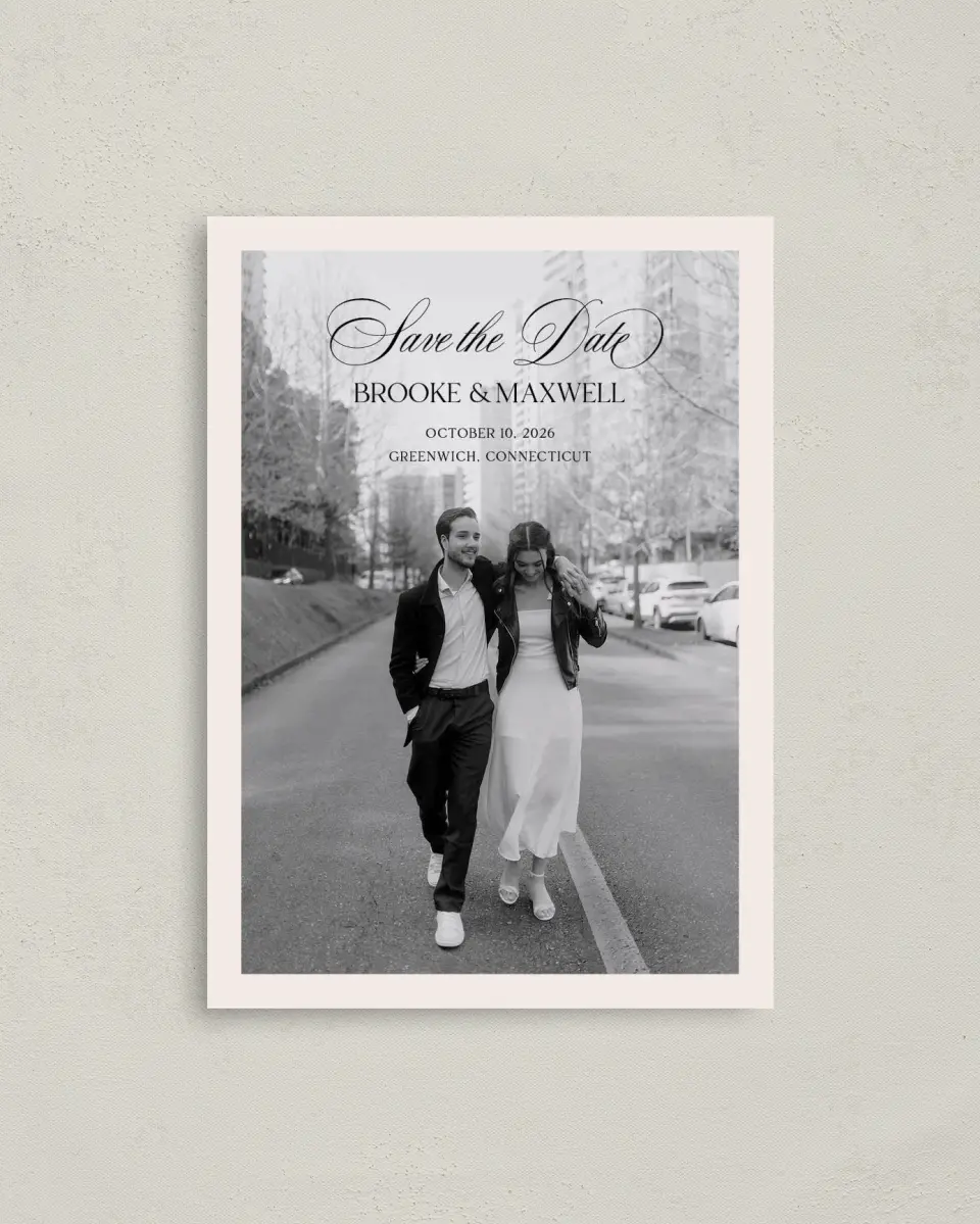This is a 4" x 5.6" Save the Date Postcard called Greenwich printed in full color on Soft Touch Finish paper